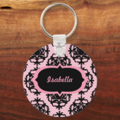 Gepersonaliseerde zwarte Damask op roze Sleutelhan Sleutelhanger (Voorkant)