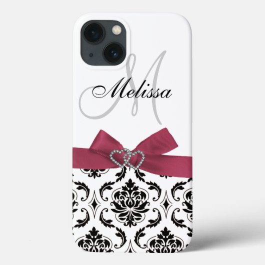 Gepersonaliseerde zwarte Damask roze Bow Diamond H Case-Mate iPhone Case (Achterkant)