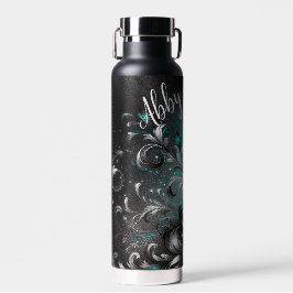 Gepersonaliseerde zwarte en Blauwgroen glitterbloe Waterfles