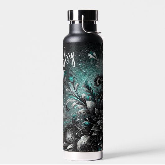 Gepersonaliseerde zwarte en Blauwgroen glitterbloe Waterfles (Links)