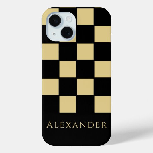 Gepersonaliseerde zwarte en gouden cheque Case-Mate iPhone case (Achterkant)