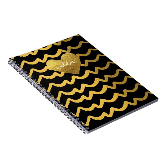 Gepersonaliseerde zwarte en gouden glitterstrepen notitieboek (Rechterzijde)
