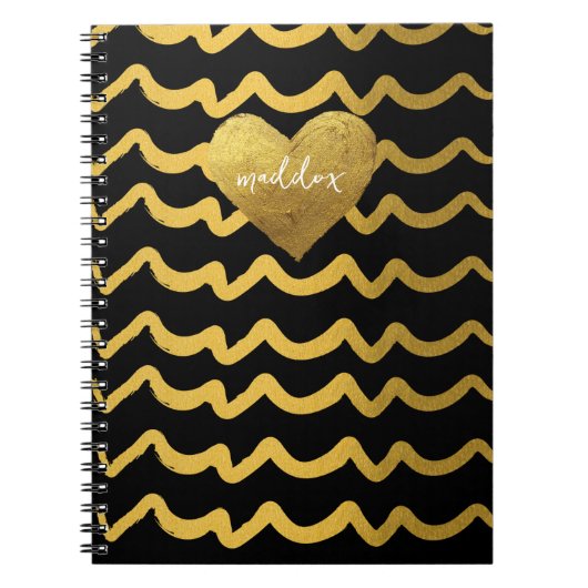 Gepersonaliseerde zwarte en gouden glitterstrepen notitieboek (Voorkant)