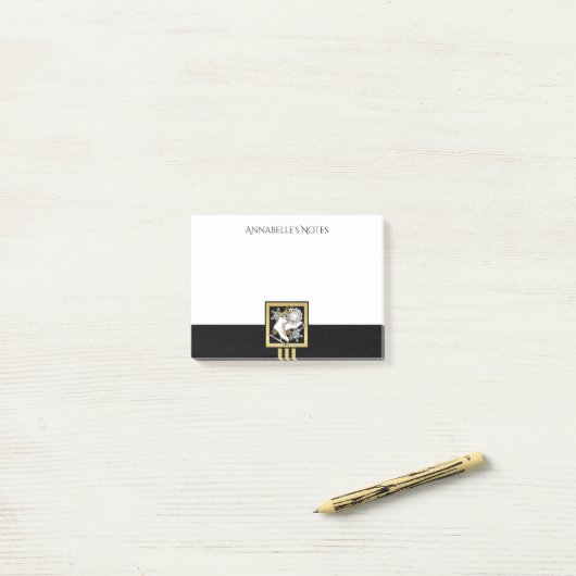 Gepersonaliseerde zwarte en gouden ijsbrekers post-it® notes (Op bureau)