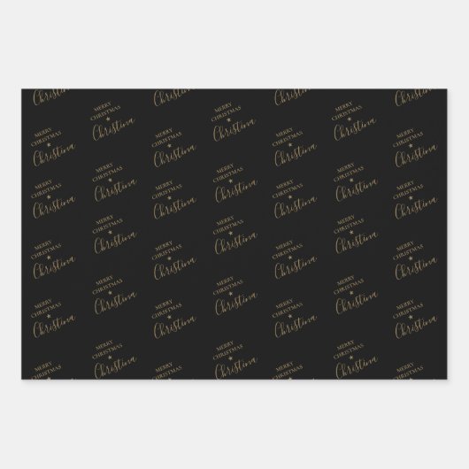 Gepersonaliseerde zwarte en gouden kerstcadeautjes inpakpapier vel (Voorkant)