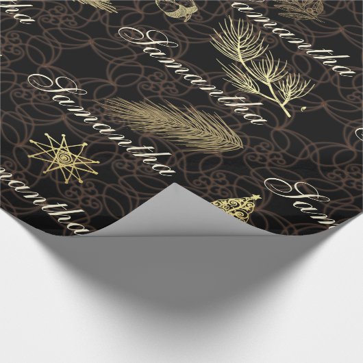 Gepersonaliseerde, zwarte en gouden kerstcadeauver cadeaupapier (Hoek)