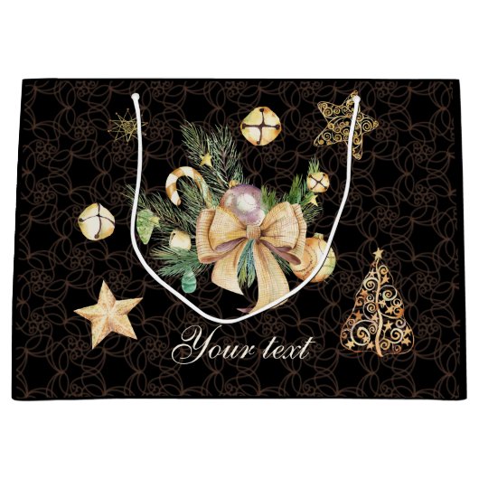 Gepersonaliseerde, zwarte en gouden kerstcadeauver groot cadeauzakje (Voorkant)