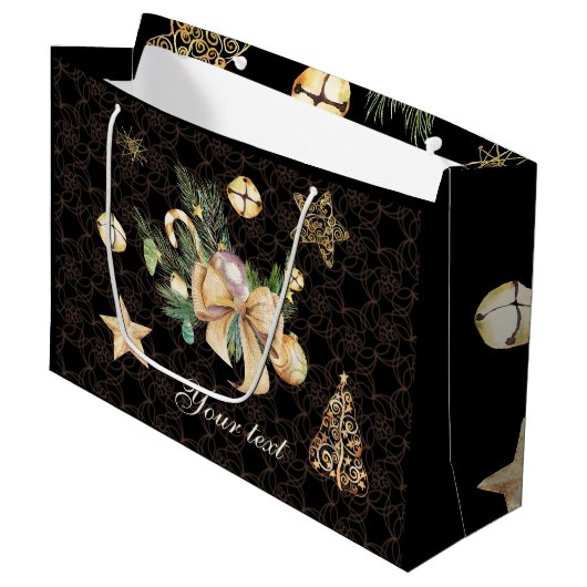 Gepersonaliseerde, zwarte en gouden kerstcadeauver groot cadeauzakje (Voorkant Gekanteld)