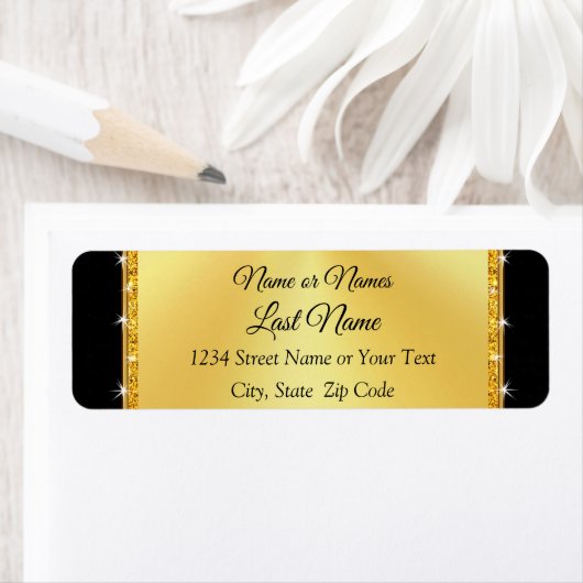 Gepersonaliseerde zwarte en gouden retour adreslab etiket (Insitu)