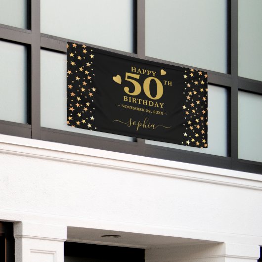 Gepersonaliseerde zwarte en gouden sterren 50e ver spandoek (Buitenkant Gebouw)