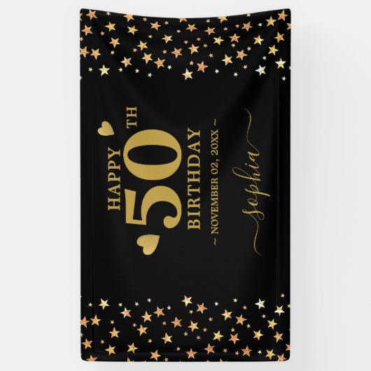 Gepersonaliseerde zwarte en gouden sterren 50e ver spandoek (Verticaal)