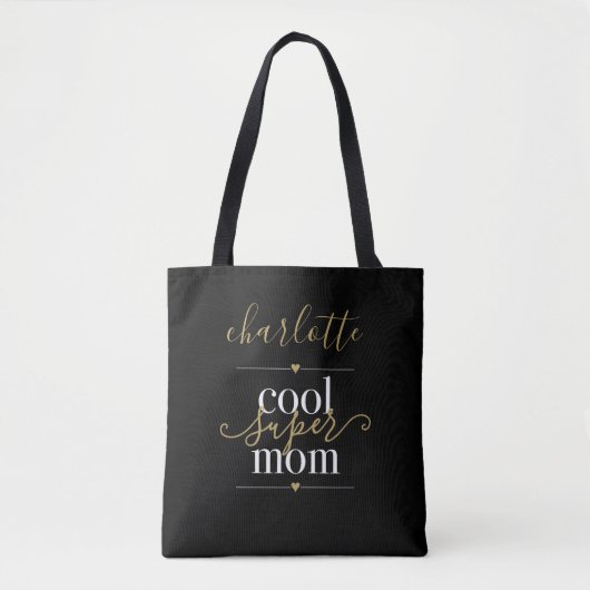 Gepersonaliseerde zwarte en goudkleurige supermam tote bag (Voorkant)