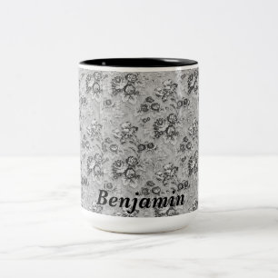 Gepersonaliseerde zwarte en grijze bloemen tweekleurige koffiemok