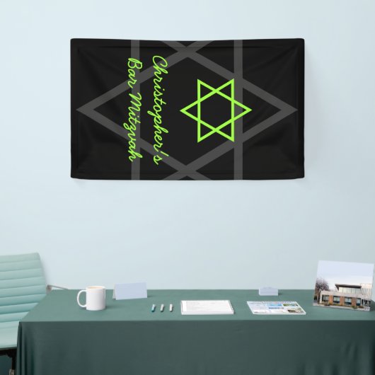 Gepersonaliseerde zwarte en limoengroene bar mitsw spandoek (Beurs)