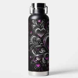 Gepersonaliseerde zwarte en paarse glitter harten waterfles