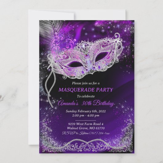 Gepersonaliseerde zwarte en Paarse verjaardagsmasq Kaart (Voorkant)