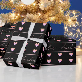 Gepersonaliseerde zwarte en roze harten cadeaupapier