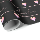 Gepersonaliseerde zwarte en roze harten cadeaupapier (Rol Hoek)