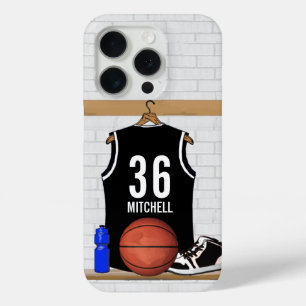 Gepersonaliseerde zwarte en witte Basketball Jerse iPhone 15 Pro Case
