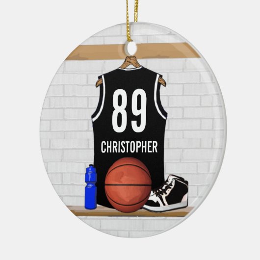 Gepersonaliseerde zwarte en witte Basketball Jerse Keramisch Ornament (Links)