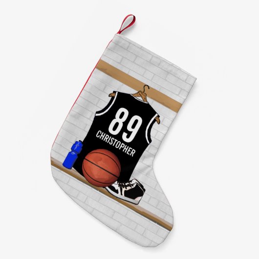 Gepersonaliseerde zwarte en witte Basketball Jerse Kleine Kerstsok (Voorkant (Hangend))