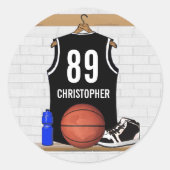 Gepersonaliseerde zwarte en witte Basketball Jerse Ronde Sticker (Voorkant)