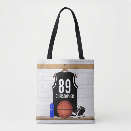 Gepersonaliseerde zwarte en witte Basketball Jerse Tote Bag (Voorkant)