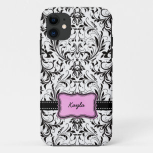 Gepersonaliseerde zwarte en witte Damask Case-Mate iPhone Case
