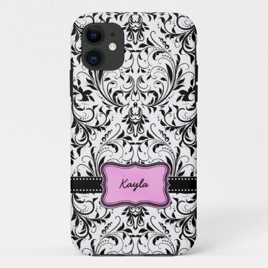 Gepersonaliseerde zwarte en witte Damask Case-Mate iPhone Case (Achterkant)