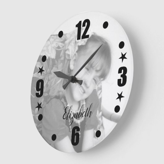 Gepersonaliseerde zwarte en witte fotonaam grote klok (Hoek)