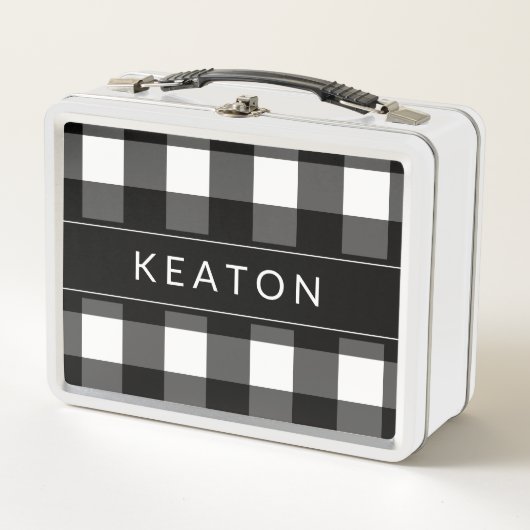 Gepersonaliseerde zwarte en witte Gingham Lunchbox (Voorkant)