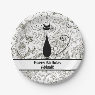 Gepersonaliseerde zwarte en witte kat Happy Birthd Papieren Bordje