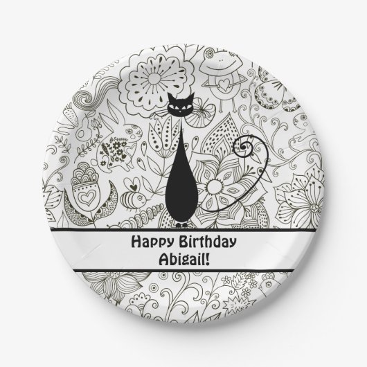 Gepersonaliseerde zwarte en witte kat Happy Birthd Papieren Bordje (Voorkant)