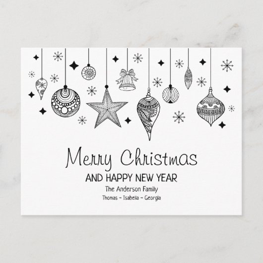 Gepersonaliseerde zwarte en witte kerst Baubles Briefkaart (Voorkant)