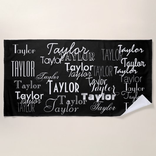 Gepersonaliseerde zwarte en witte naam strandlaken (Voorkant)