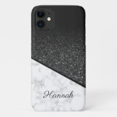 Gepersonaliseerde zwarte glitter - wit marmer Case-Mate iPhone case (Achterkant)