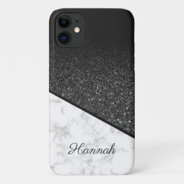 Gepersonaliseerde zwarte glitter - wit marmer Case-Mate iPhone case