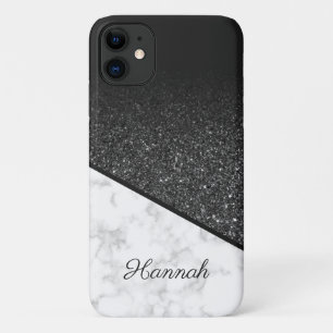 Gepersonaliseerde zwarte glitter - wit marmer Case-Mate iPhone case