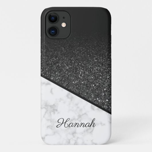 Gepersonaliseerde zwarte glitter - wit marmer Case-Mate iPhone case (Achterkant)