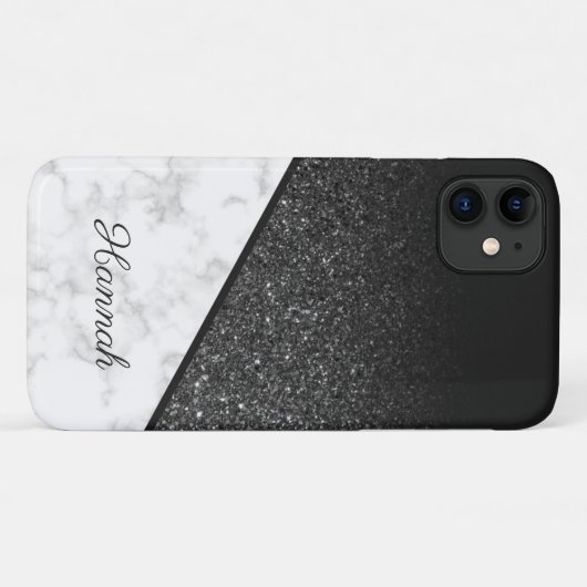 Gepersonaliseerde zwarte glitter - wit marmer Case-Mate iPhone case (Achterkant (horizontaal))