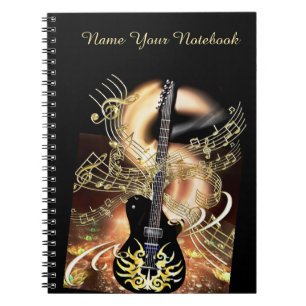 Gepersonaliseerde zwarte Gold Guitar-muzieklaptop Notitieboek