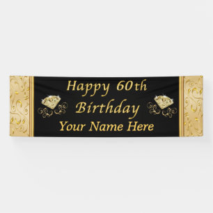 Gepersonaliseerde zwarte Gold Happy 60e verjaardag Spandoek