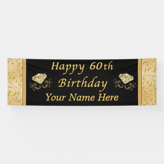 Gepersonaliseerde zwarte Gold Happy 60e verjaardag Spandoek (Horizontaal)