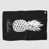 Gepersonaliseerde zwarte golfhanddoek met ananas a (Horizontaal)