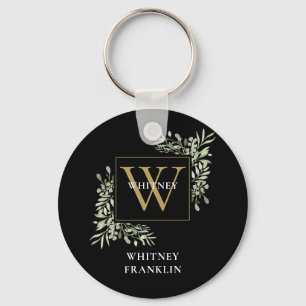 Gepersonaliseerde zwarte goudmonogram Elegant Gree Sleutelhanger