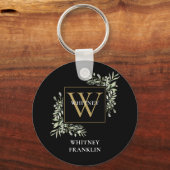 Gepersonaliseerde zwarte goudmonogram Elegant Gree Sleutelhanger (Voorkant)