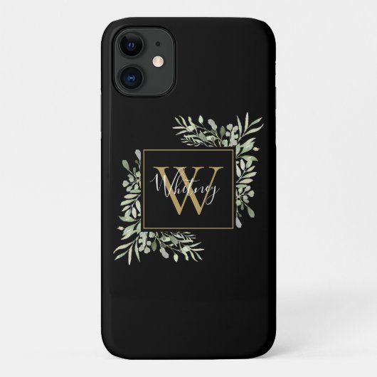 Gepersonaliseerde zwarte goudmonogram Greenery Flo Case-Mate iPhone Case (Achterkant)
