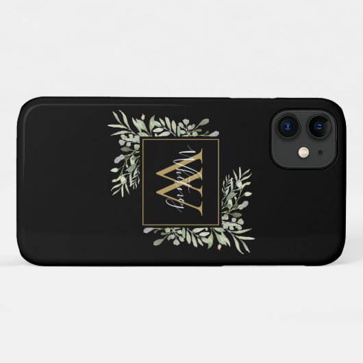 Gepersonaliseerde zwarte goudmonogram Greenery Flo Case-Mate iPhone Case (Achterkant (horizontaal))