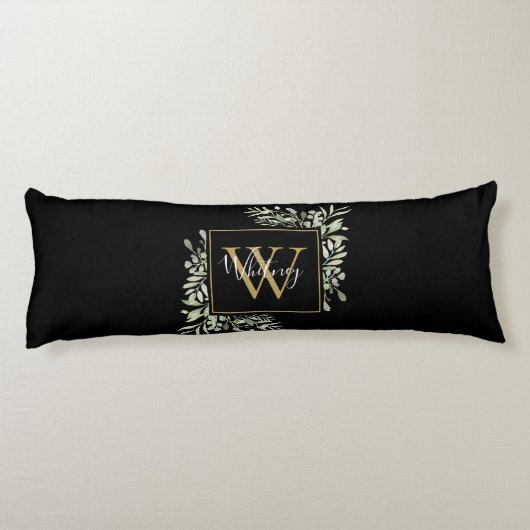 Gepersonaliseerde zwarte goudmonogram Greenery Flo Lichaamskussen (Achterkant)