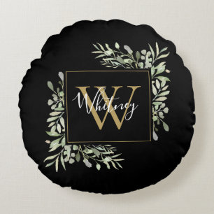 Gepersonaliseerde zwarte goudmonogram Greenery Flo Rond Kussen